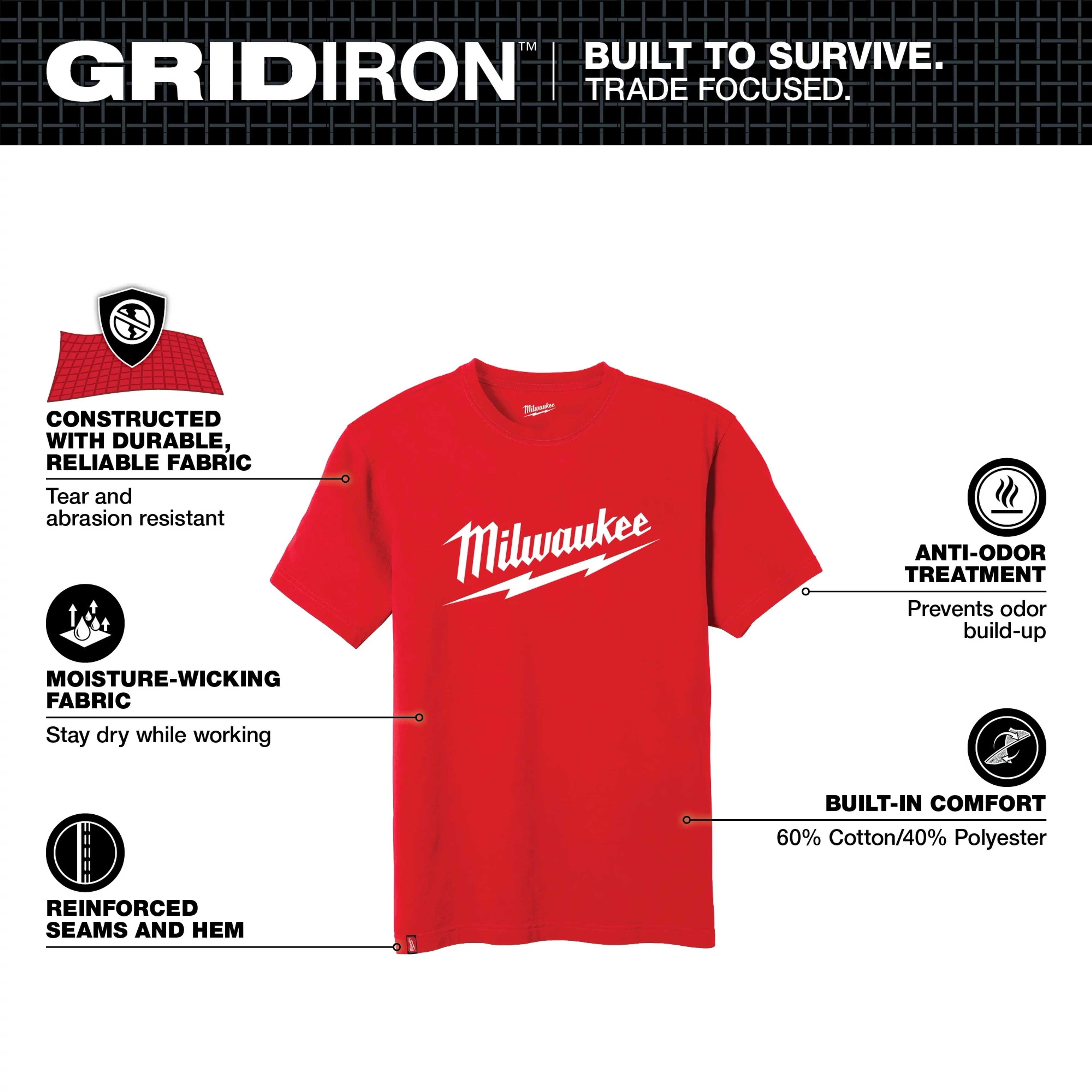 Heavy Duty Tee Walkaround is a red shirt with the Milwaukee logo featuring durable, moisture-wicking fabric, anti-odor treatment, and reinforced seams.