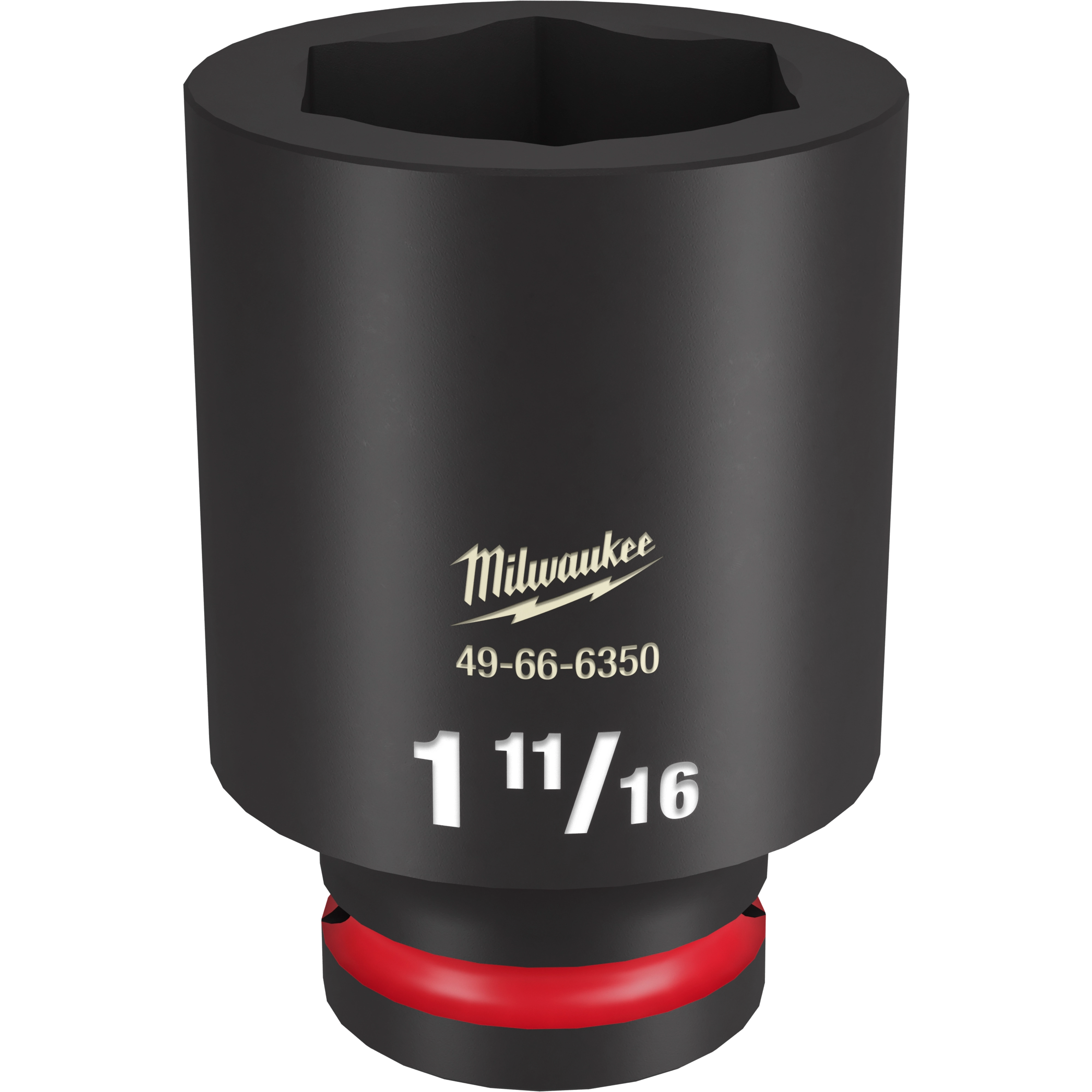 The 3/4 DR 1-11/16 DEEP IMPACT SOCKET is a black deep impact socket with a 1-11/16 inch size, featuring a red ring at the base and the Milwaukee logo. Model number 49-66-6350 is printed on it.