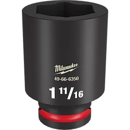 The 3/4 DR 1-11/16 DEEP IMPACT SOCKET is a black deep impact socket with a 1-11/16 inch size, featuring a red ring at the base and the Milwaukee logo. Model number 49-66-6350 is printed on it.