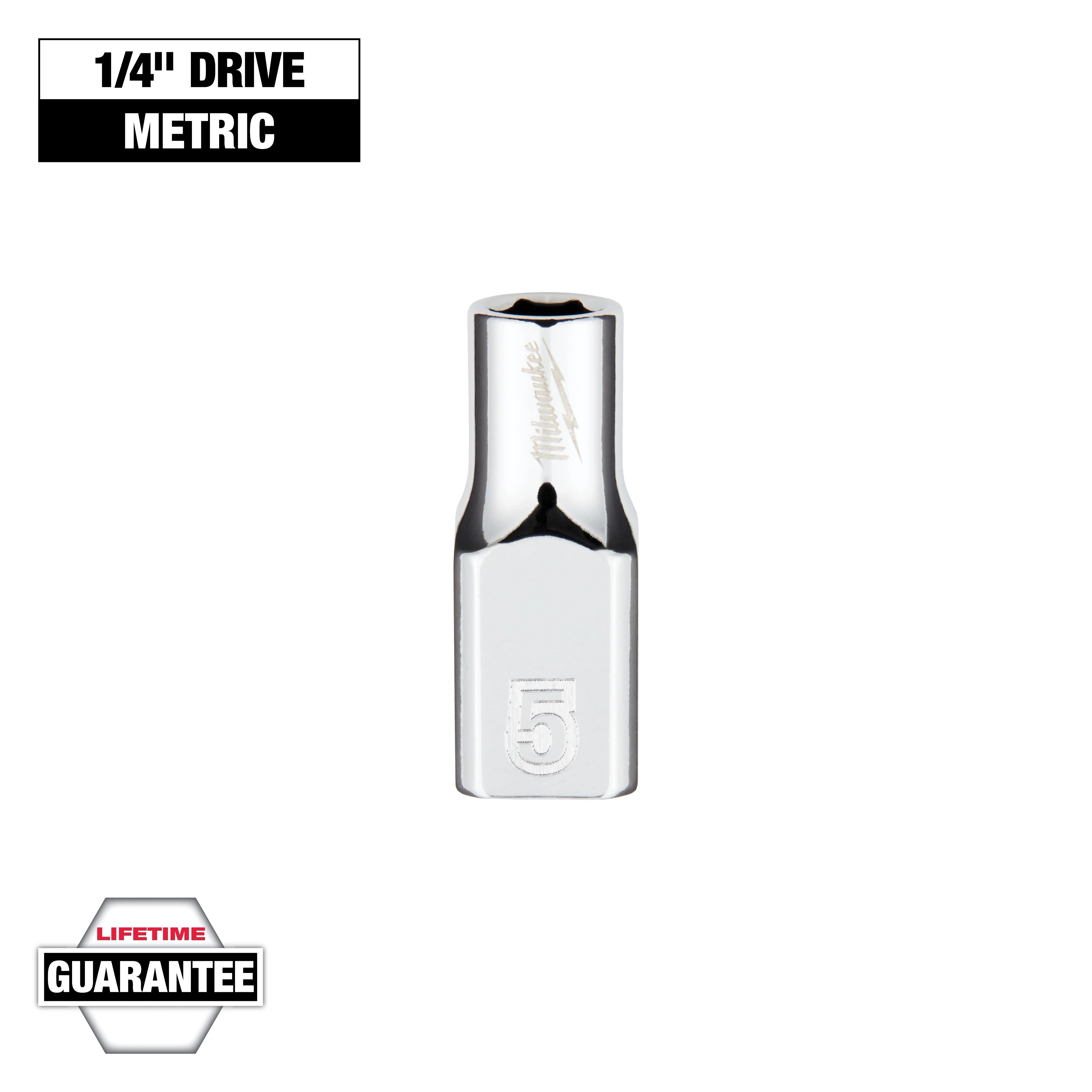 This image shows a 1/4" drive metric socket tool from Milwaukee, marked with the number 5. It features a lifetime guarantee, indicated by a badge at the bottom left corner. The socket has a shiny, metallic finish.