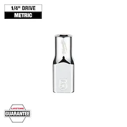 This image shows a 1/4" drive metric socket tool from Milwaukee, marked with the number 5. It features a lifetime guarantee, indicated by a badge at the bottom left corner. The socket has a shiny, metallic finish.