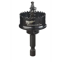 Milwaukee Shockwave hole saw drill bit with serrated edge and hex shank on a plain background.