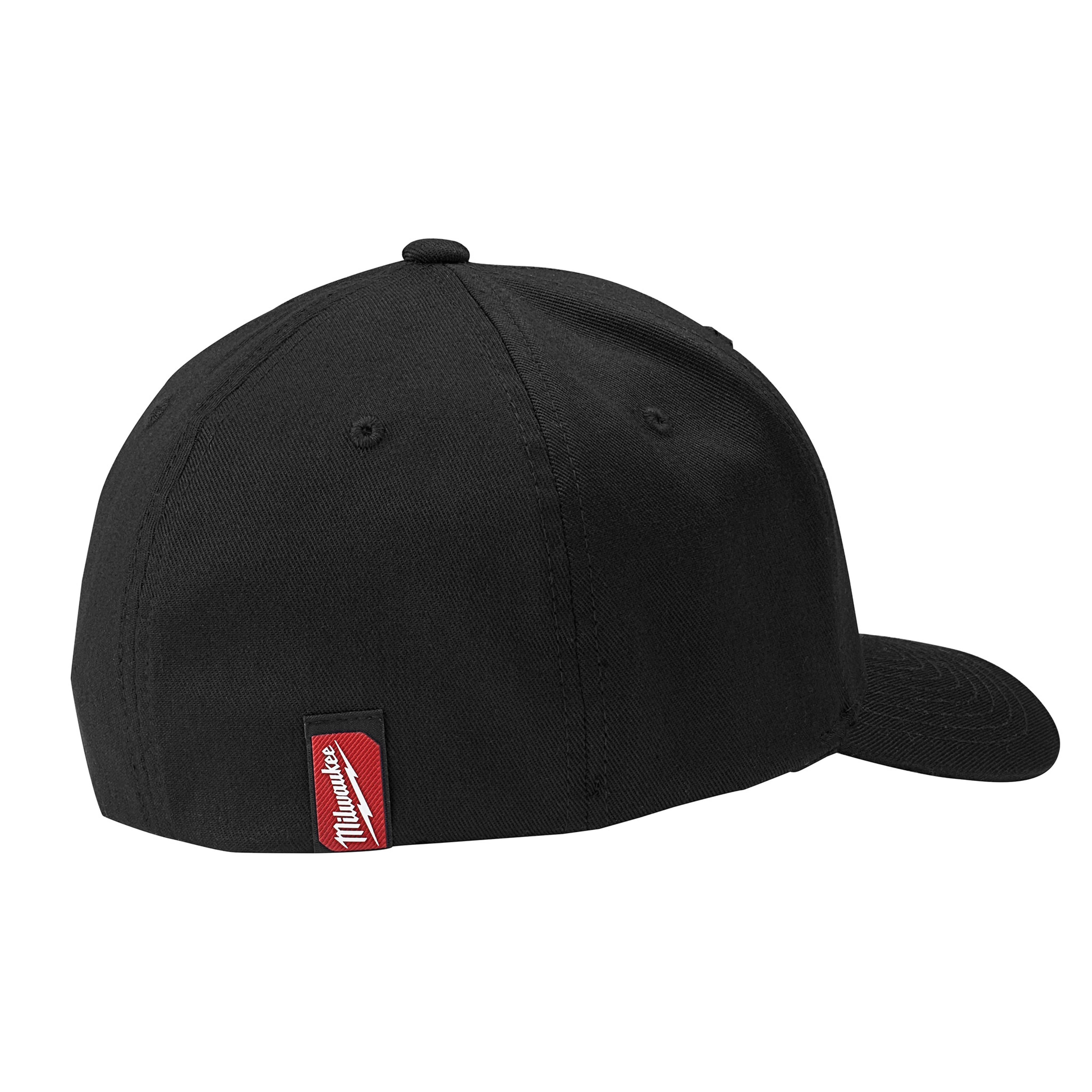 Black Milwaukee%20Fitted%20Hat with a red and white Milwaukee tag on the back. The hat features a curved brim and six-panel design.
