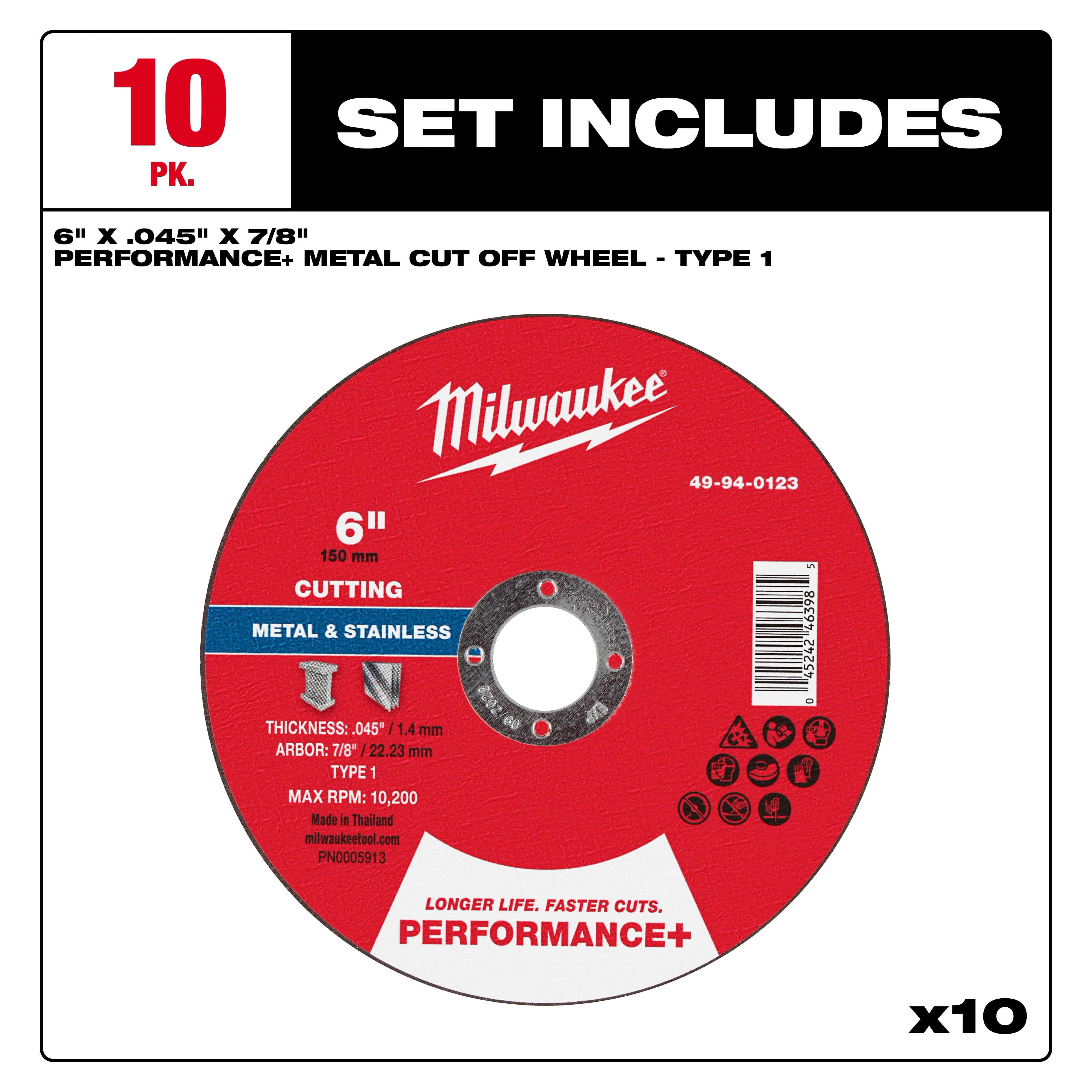 10-pack of 6"x 0.045"x 7/8" Performance+ Metal Cut Off Wheel - Type 1 for cutting metal and stainless steel. Maximum RPM: 10,200.