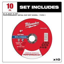 10-pack of 6"x 0.045"x 7/8" Performance+ Metal Cut Off Wheel - Type 1 for cutting metal and stainless steel. Maximum RPM: 10,200.