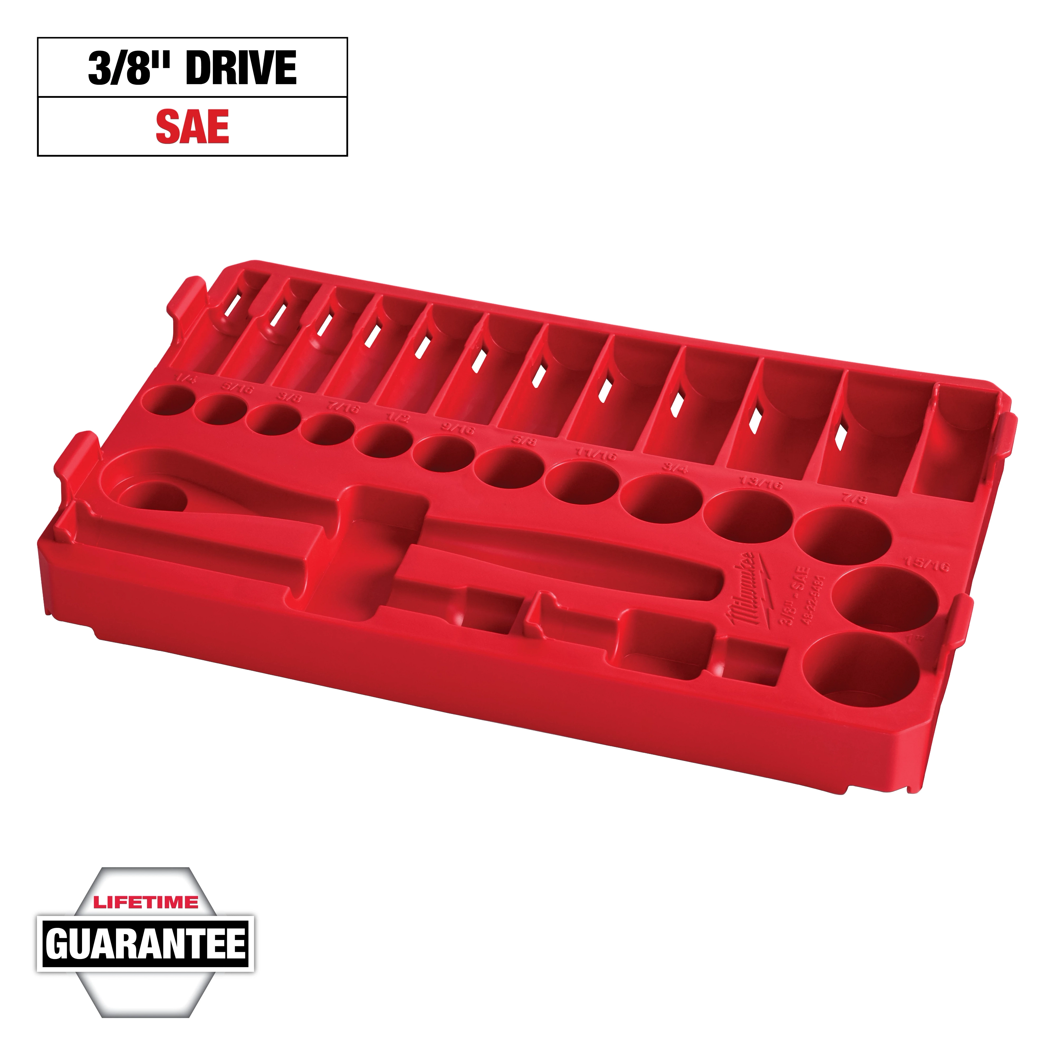 This image shows a red Milwaukee tool organizer tray for 3/8-inch SAE drive sockets. It has various labeled slots for different socket sizes and a designated space for a ratchet and extension bar. The organizer comes with a lifetime guarantee.