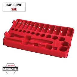 This image shows a red Milwaukee tool organizer tray for 3/8-inch SAE drive sockets. It has various labeled slots for different socket sizes and a designated space for a ratchet and extension bar. The organizer comes with a lifetime guarantee.