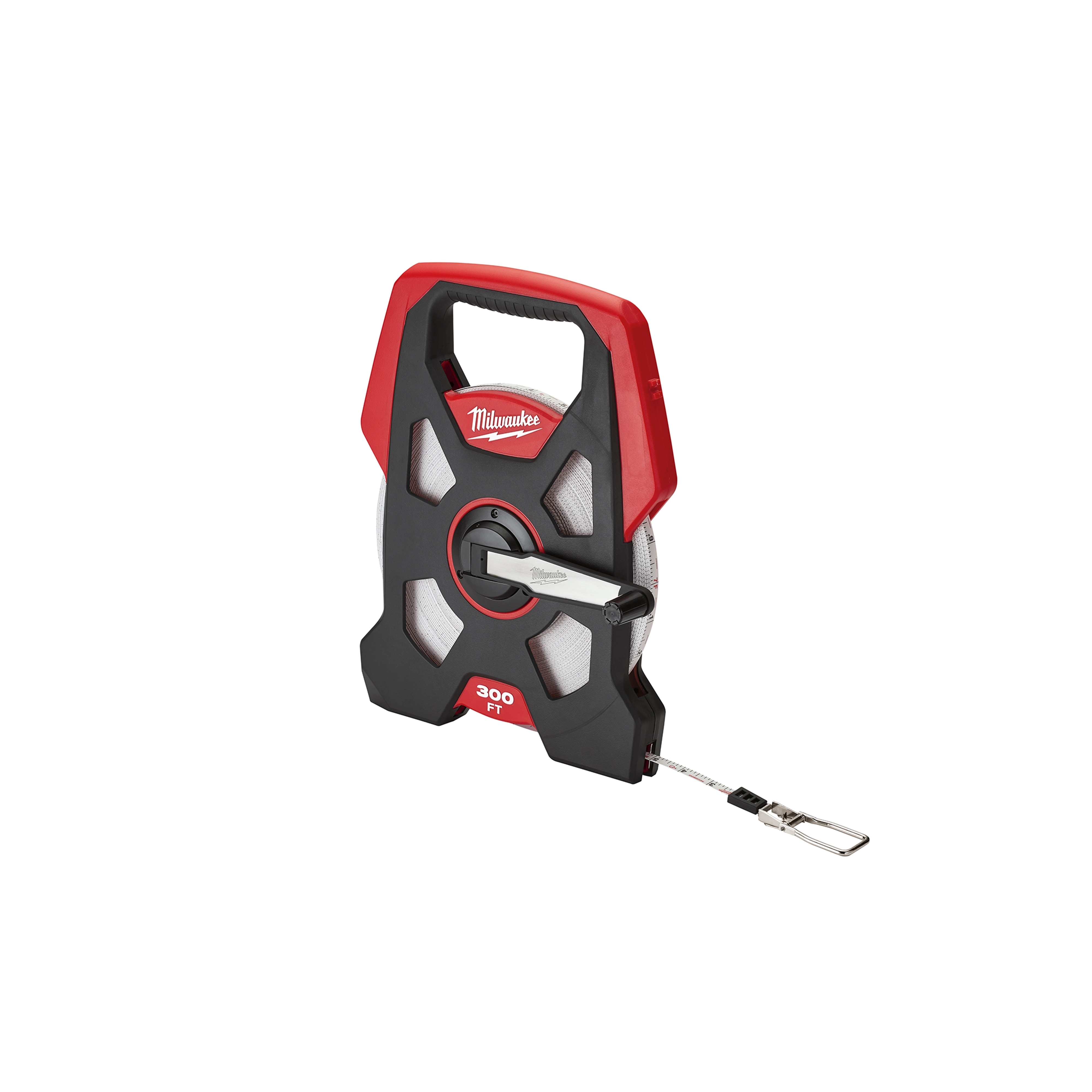 Red and black Long Tape measuring 300 feet with a sturdy handle and easy-to-use design, manufactured by Milwaukee.