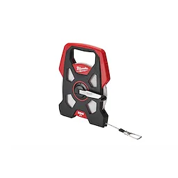 Red and black Long Tape measuring 300 feet with a sturdy handle and easy-to-use design, manufactured by Milwaukee.