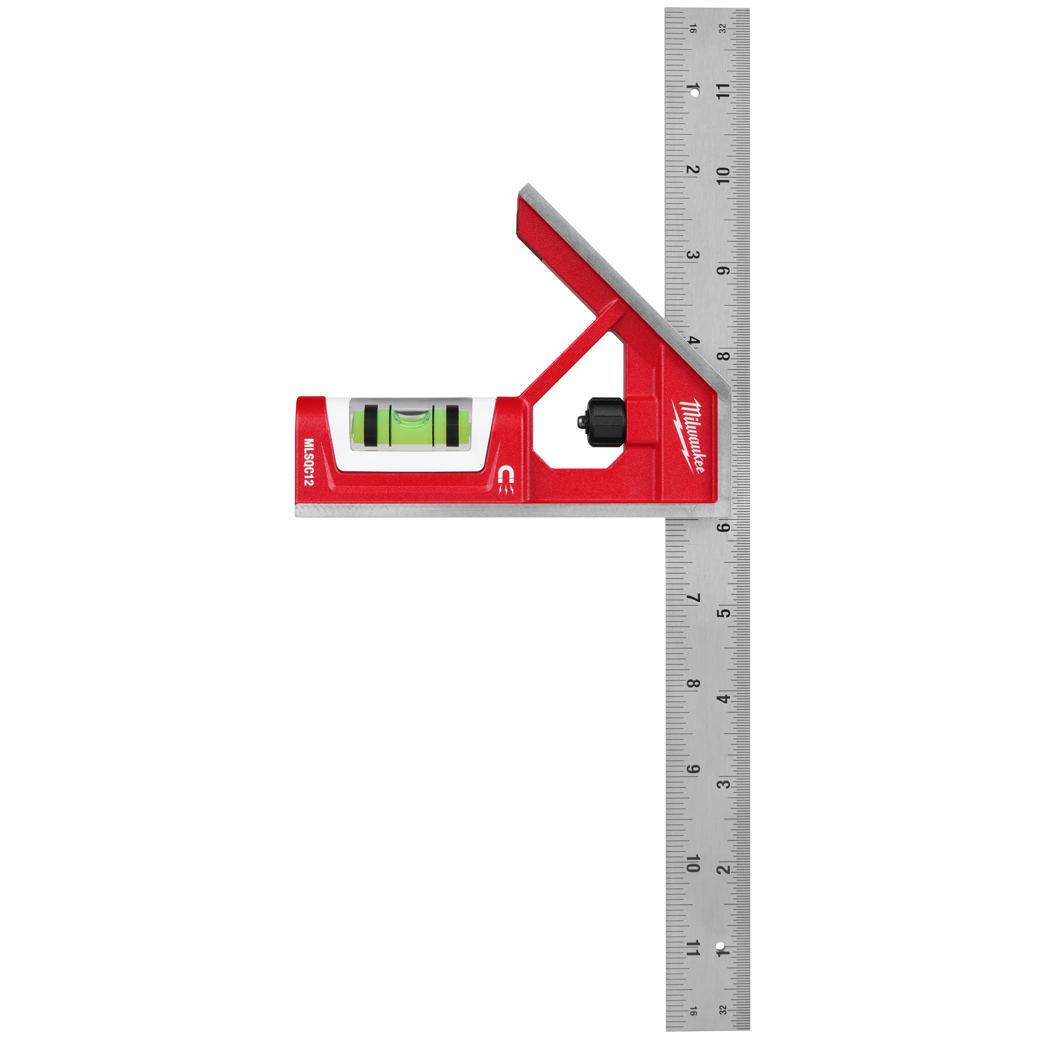 12" Magnetic Combination Square features a red handle with a built-in bubble level, and a 12-inch stainless steel ruler.