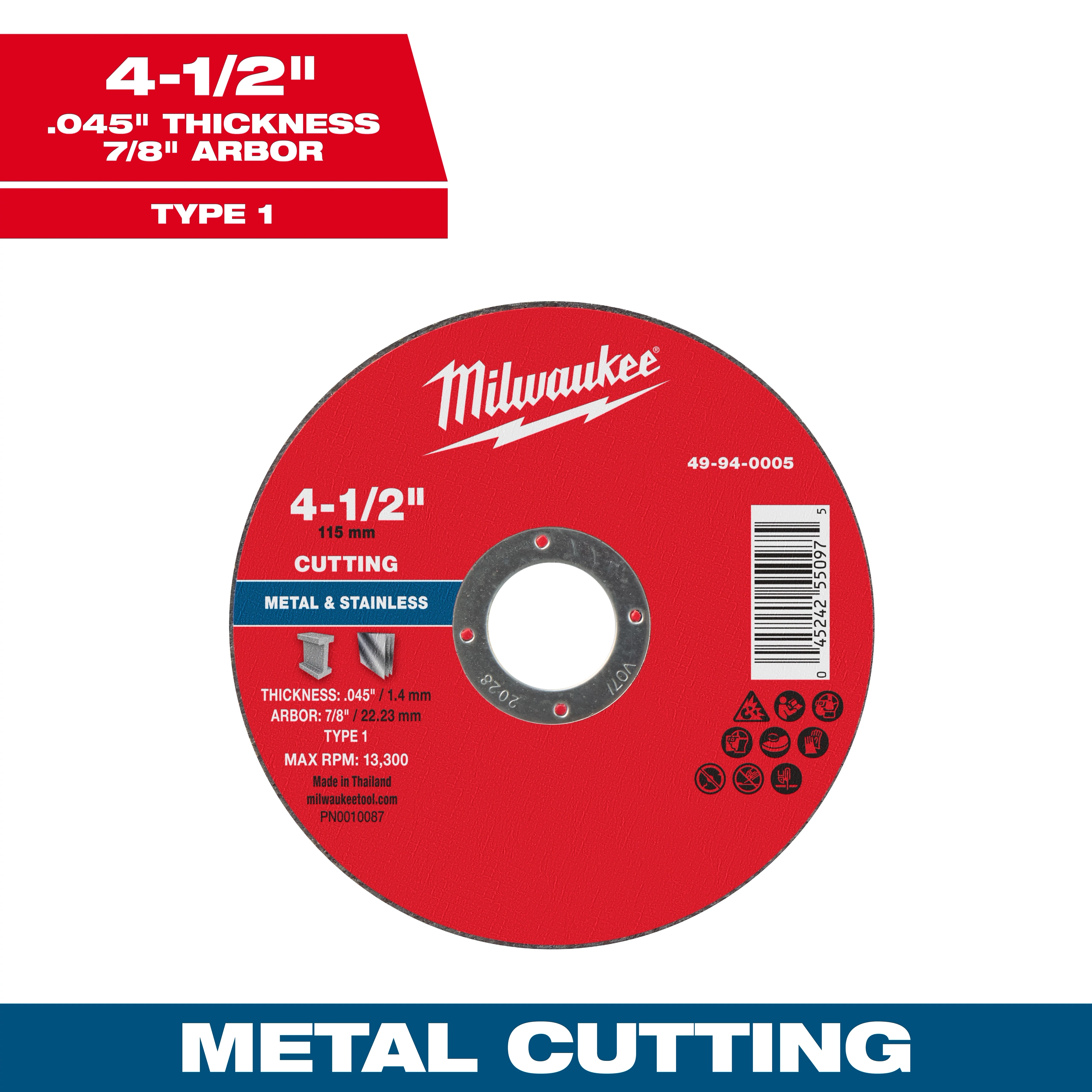 4-1/2" x .045" x 7/8" Metal Cut Off Wheel - Type 1 is a red circular cutting disc for metal and stainless steel, with max RPM 13,300.
