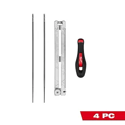The image features a 4pc 5/32” Saw Chain Sharpening Set, including two files, a file guide, and a black and red handle. The set is designed to sharpen saw chains efficiently, and the components are aligned vertically with the handle on the right.