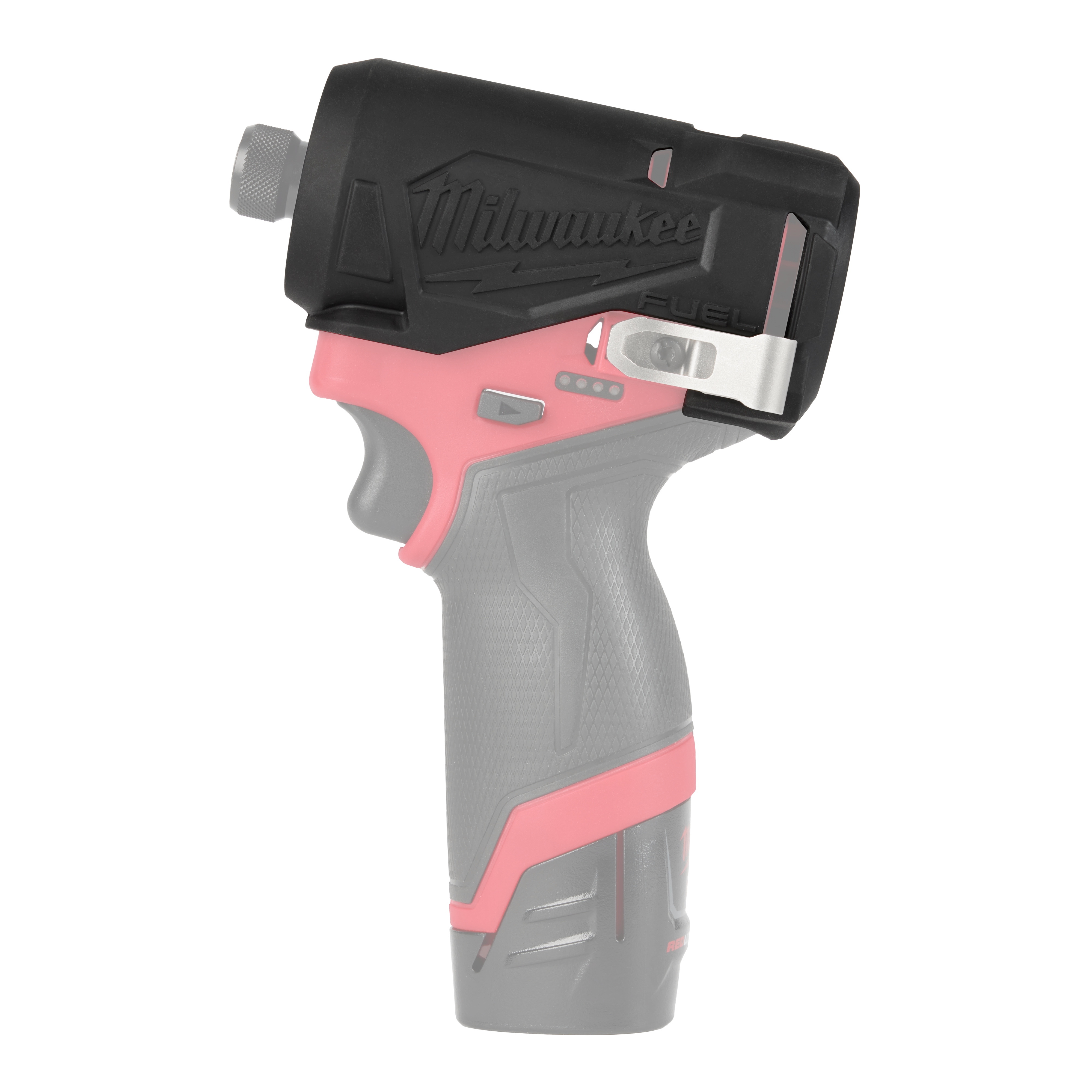 The M12 FUEL 1/4" Hex Impact Driver Protective Boot Primary, featuring a black and red design with a clip on the side.