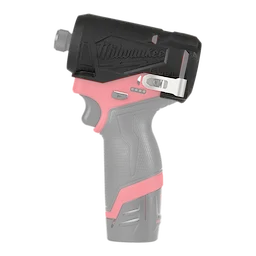 The M12 FUEL 1/4" Hex Impact Driver Protective Boot Primary, featuring a black and red design with a clip on the side.