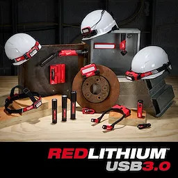 The image displays various REDLITHIUM™ USB Family tools, including headlamps, flashlights, and a power bank, all showcasing the USB 3.0 technology. The products are arranged on a workbench alongside construction materials and safety helmets. The REDLITHIUM™ USB Family logo appears at the bottom.