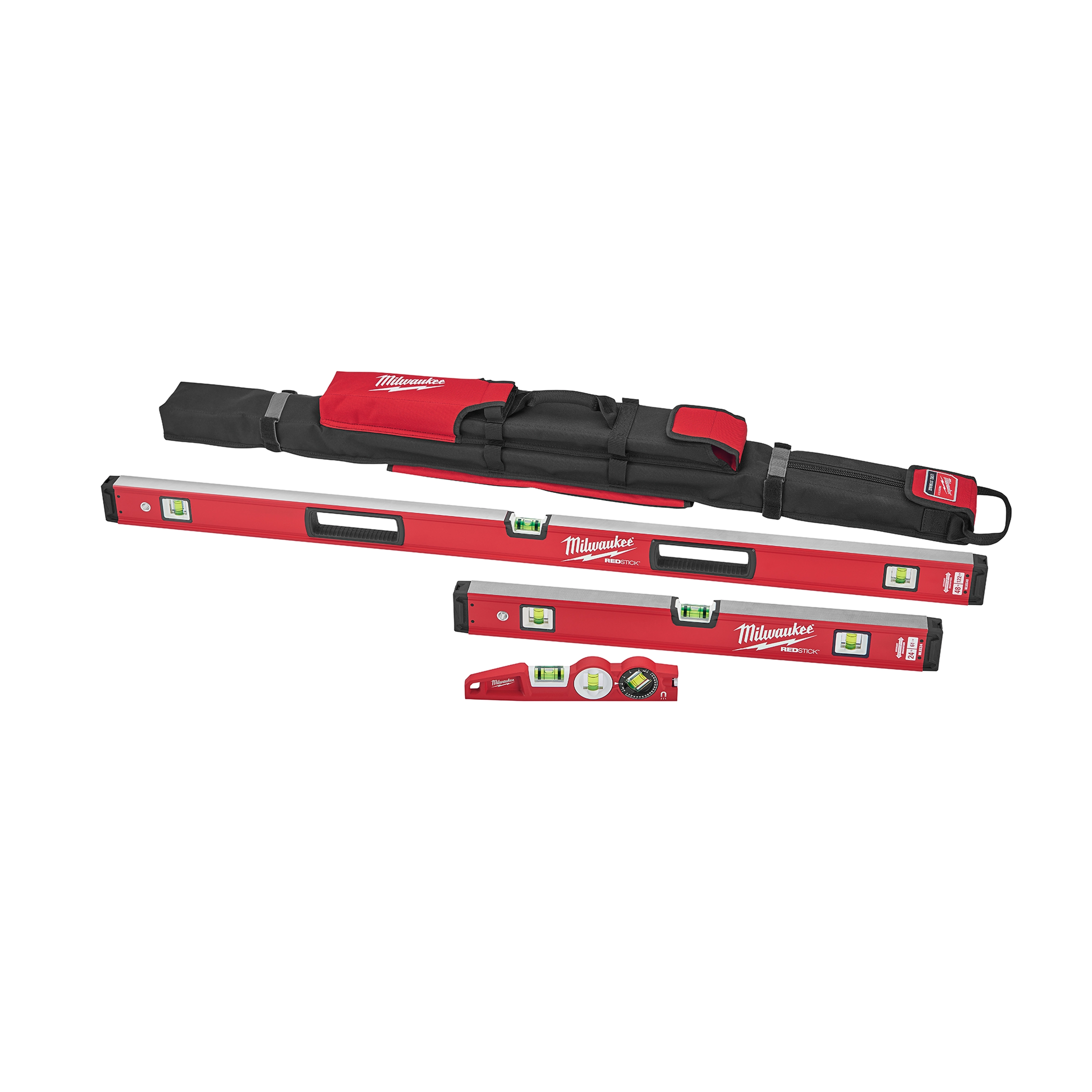 Milwaukee REDSTICK Starter Set – Non-Mage includes red levels of various sizes and a red carrying case with straps.