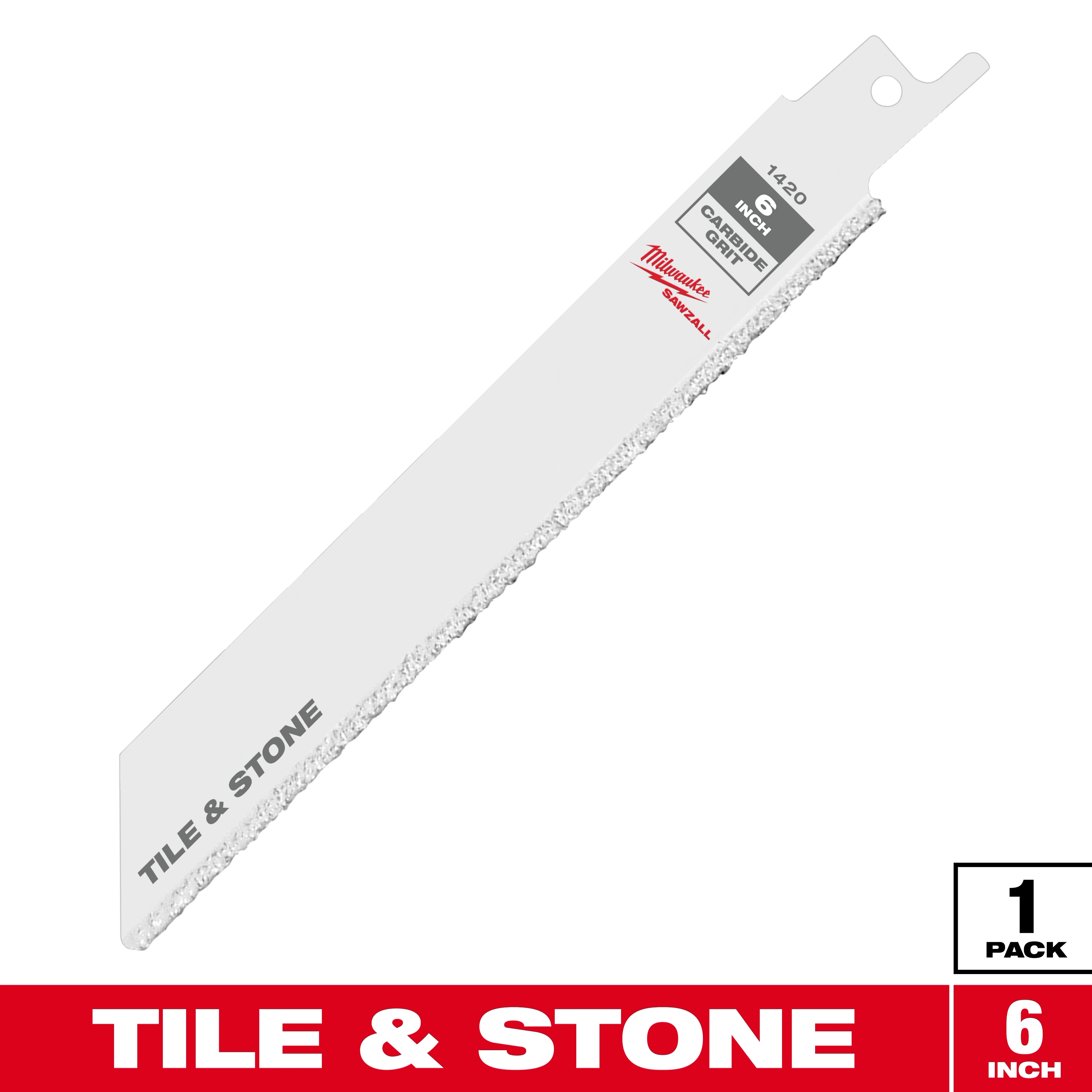 Milwaukee 6-Inch Carbide Grit Saw Blade is designed for cutting tile and stone. The blade is white with a grooved edge and has the text "TILE & STONE" printed on it. This product comes in a pack of one.