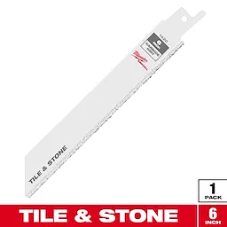 Milwaukee 6-Inch Carbide Grit Saw Blade is designed for cutting tile and stone. The blade is white with a grooved edge and has the text "TILE & STONE" printed on it. This product comes in a pack of one.