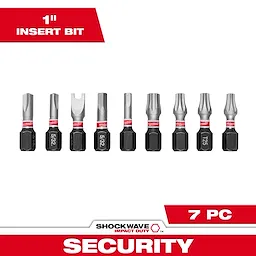 The image shows the SHOCKWAVE™ 1" Impact Duty Security Insert Bit Set - 9PC. The set includes nine differently shaped bits, organized in a row, each with a black base and silver tip. The product packaging is primarily white with red accents.