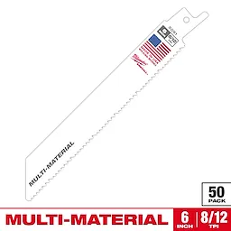 Milwaukee multi-material reciprocating saw blade, 6 inches long, 8/12 TPI, in a 50-pack. The blade is white with an American flag, model number 49-00-5461, and "Made in USA" text.