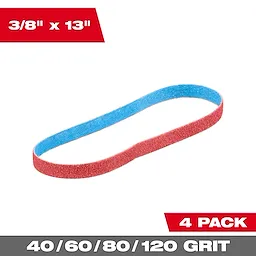 Image of the Milwaukee 3/8” x 13” Bandfile Belt with the text "3/8" x 13". 4 pack. 40/60/80/120 grit"
