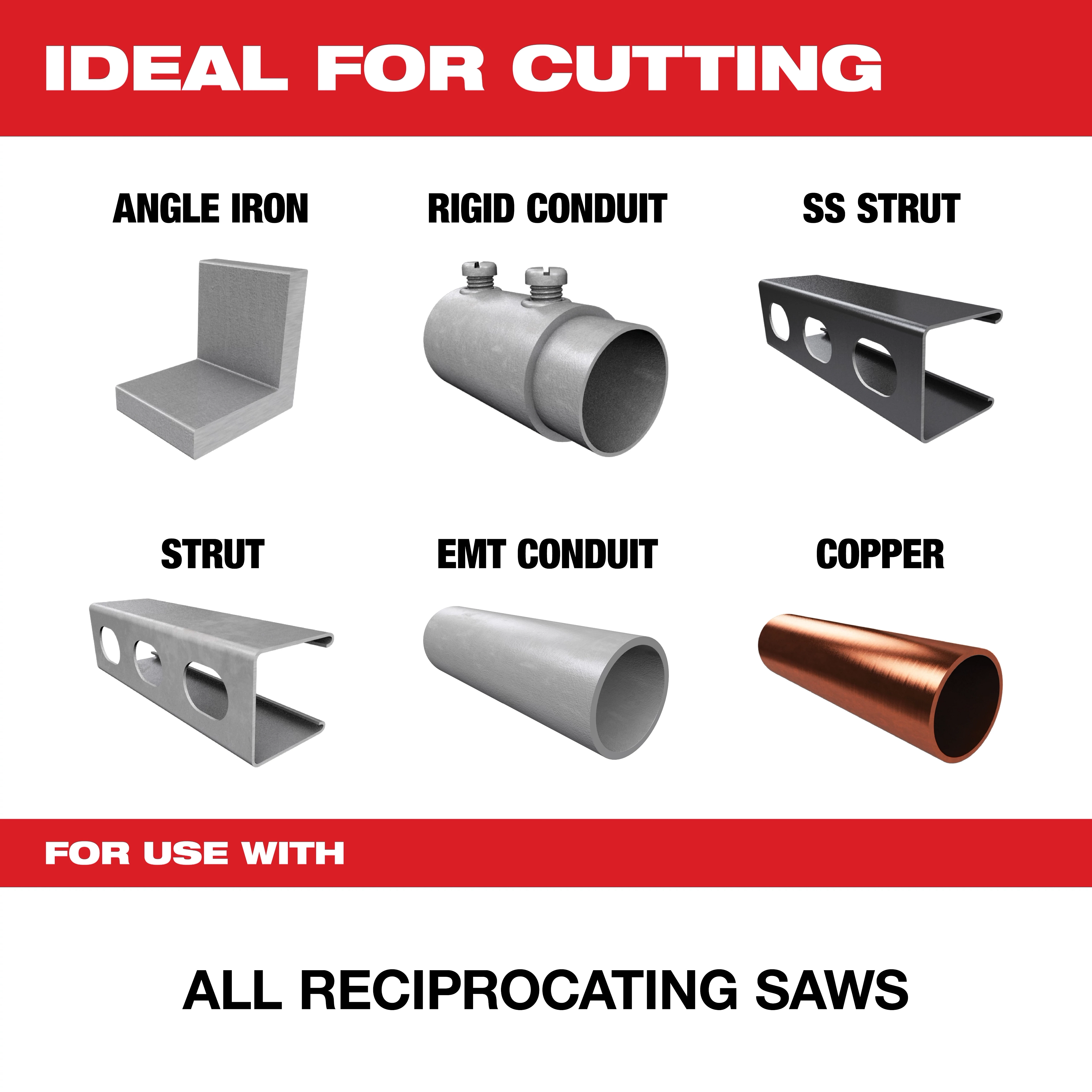 Nitrus Carbide For Use With reciprocating saws is ideal for cutting materials like angle iron, rigid conduit, SS strut, strut, EMT conduit, and copper. The image highlights each material type against a red and white background with clear labels.