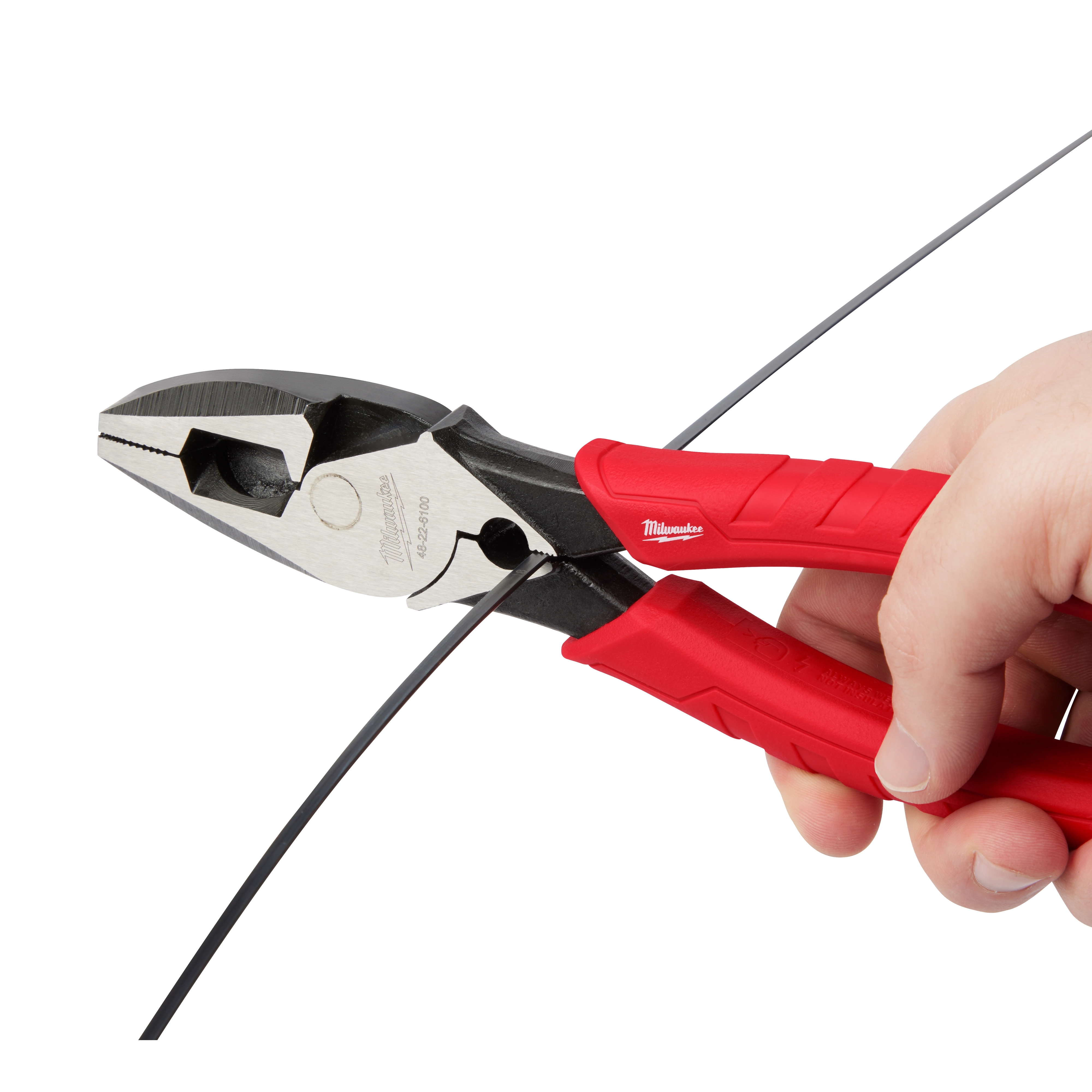 9" High Leverage Lineman's Pliers with Crimper is shown with red handles, used to cut through a black wire.