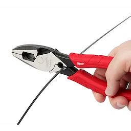 9" High Leverage Lineman's Pliers with Crimper is shown with red handles, used to cut through a black wire.