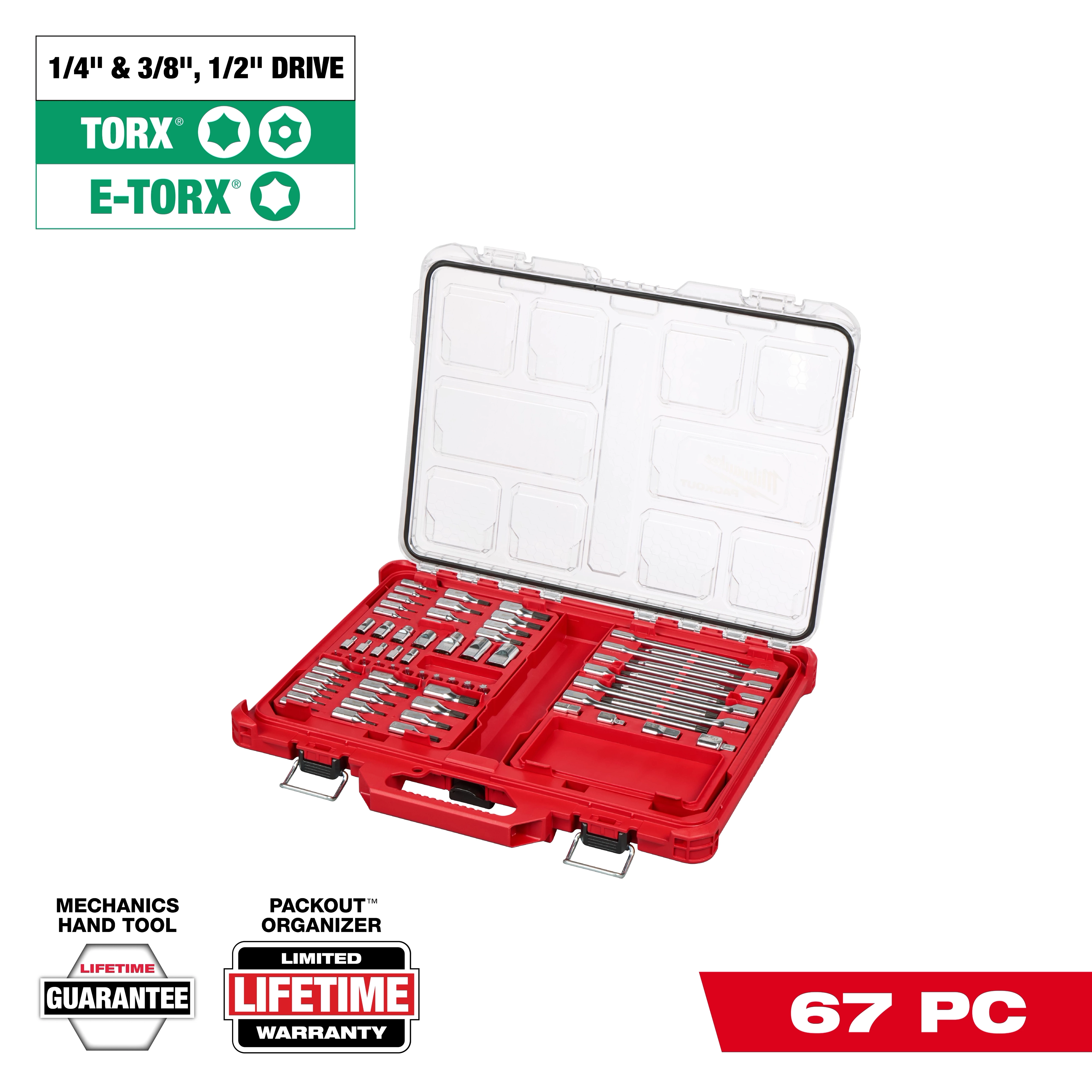 67pc 1/4”, 3/8”, and 1/2” Drive TORX® Bit Socket Set with PACKOUT