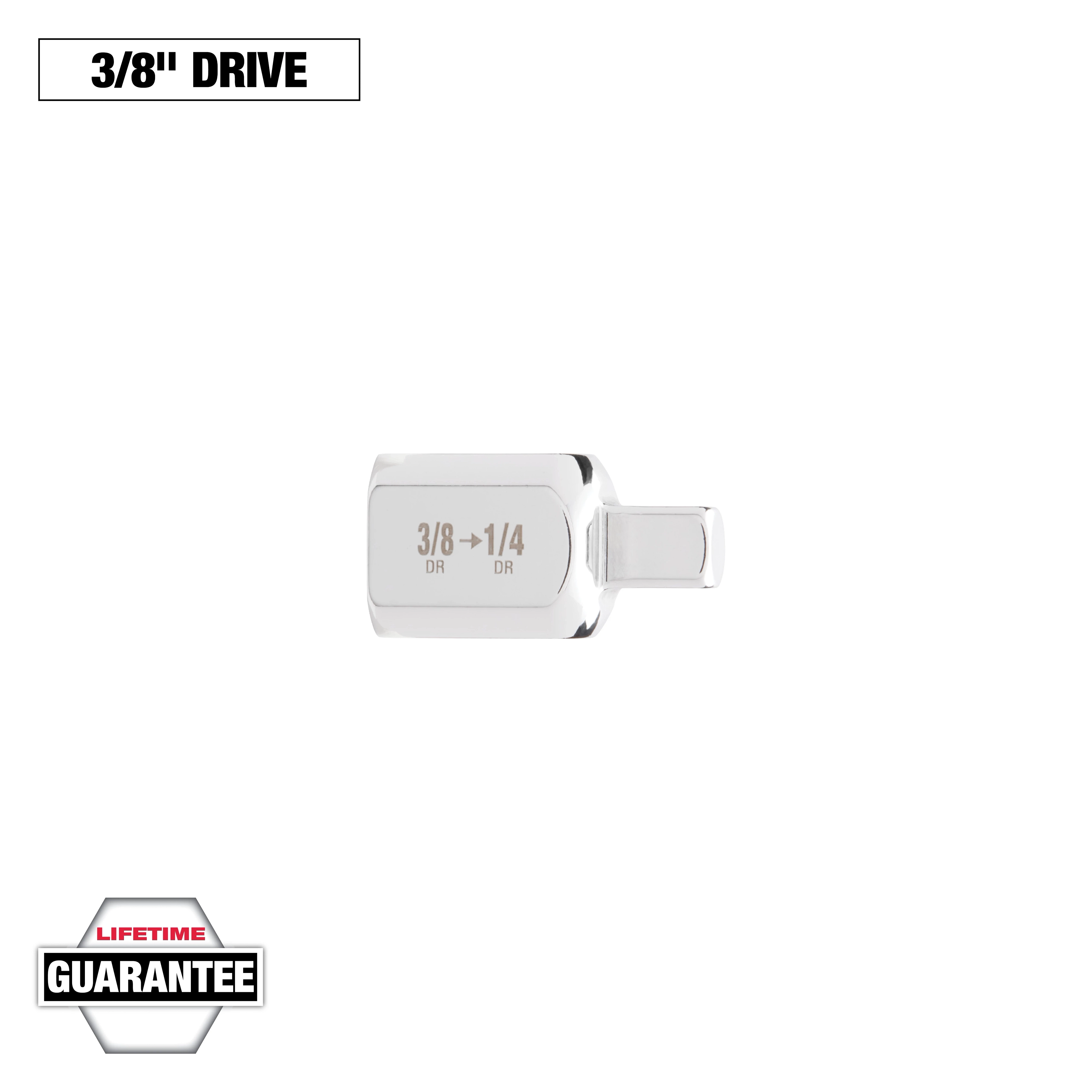 A 3/8-inch drive adapter with a lifetime guarantee is displayed. The adapter is marked with "3/8 → 1/4 DR", indicating it converts a 3/8-inch drive to a 1/4-inch drive. The image features a white background and text indicating the 3/8-inch drive size.