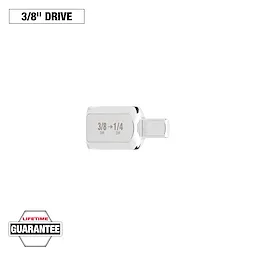 A 3/8-inch drive adapter with a lifetime guarantee is displayed. The adapter is marked with "3/8 → 1/4 DR", indicating it converts a 3/8-inch drive to a 1/4-inch drive. The image features a white background and text indicating the 3/8-inch drive size.