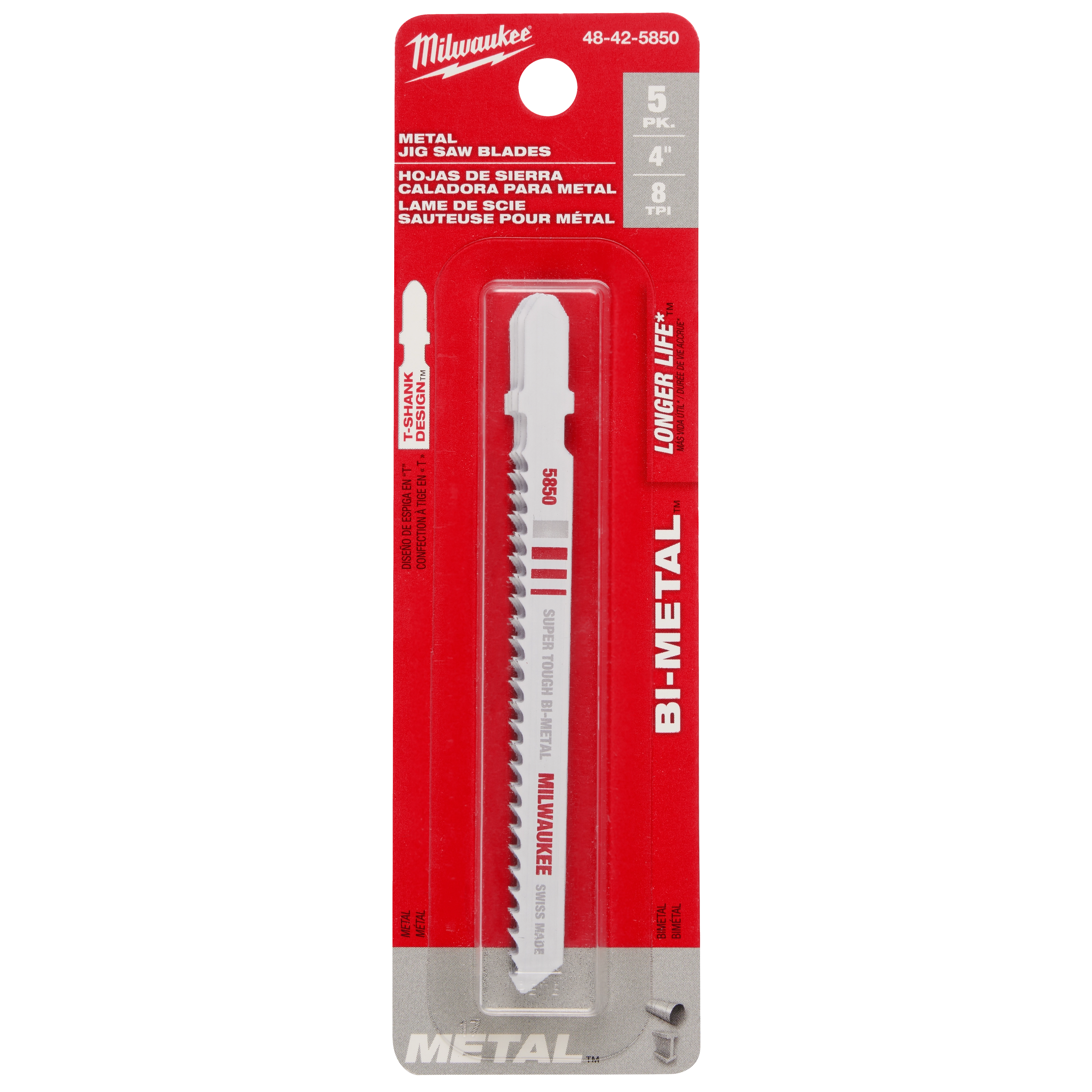 Milwaukee 4" 8TPI T-Shank Metal Cutting Bi-Metal Jig Saw Blades in a 5-pack, displayed in red and white packaging.