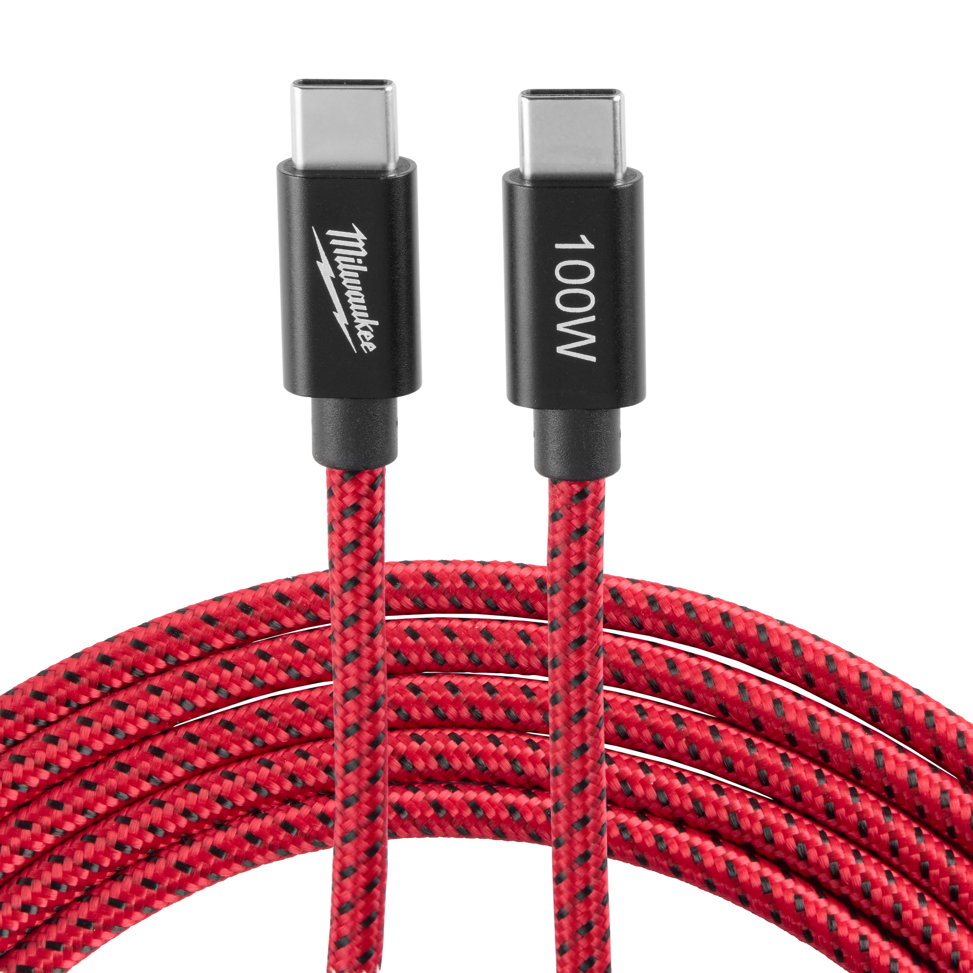 Braided 100W 6ft USB-C Cable with black connector ends. One end features the brand name written in white, while the other end displays "100W" in white text. The cable is sturdy and designed for fast charging.