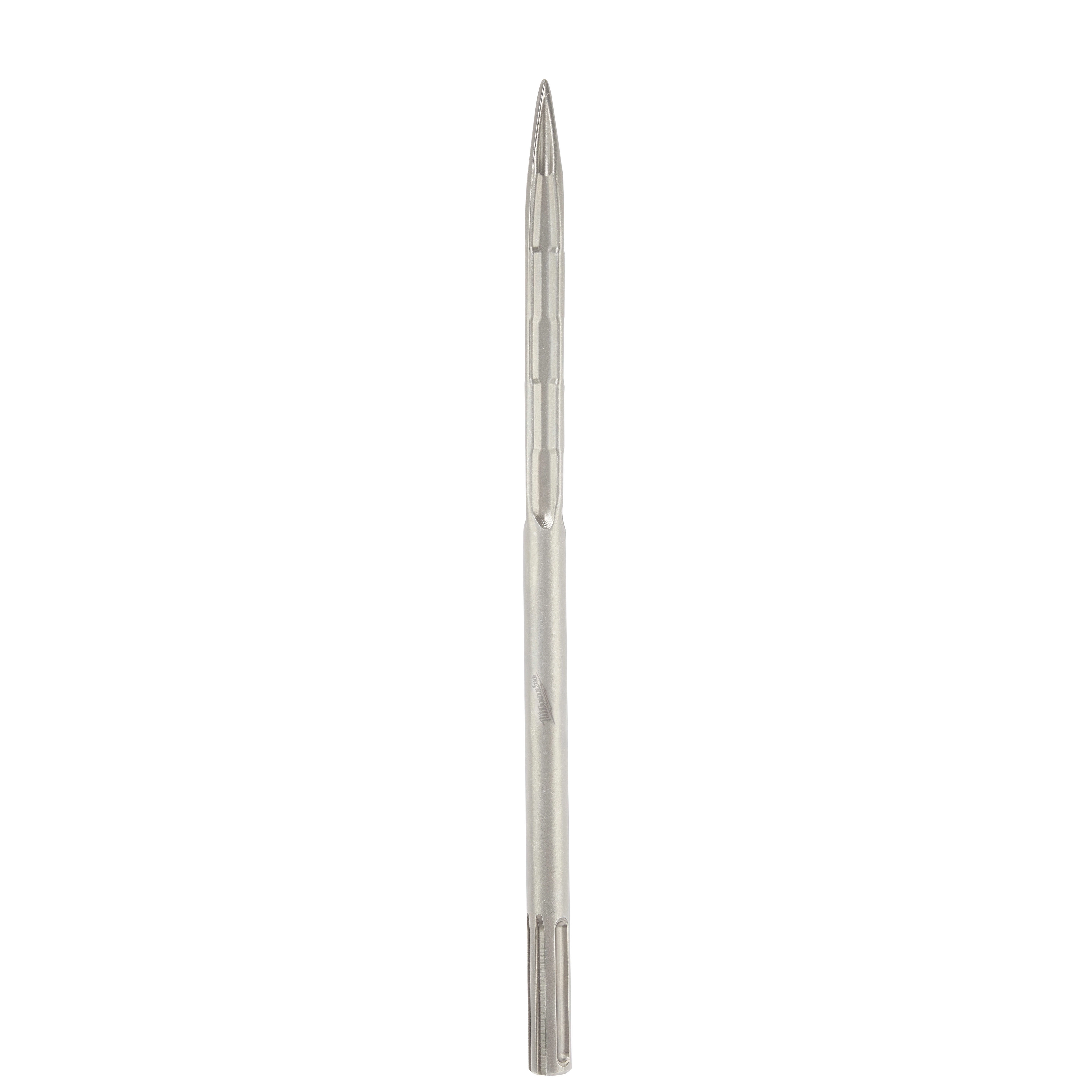 The SDS-MAX SLEDGE 16" Bull Point Chisel is a long, metallic chisel with a pointed tip and grooved handle.