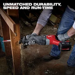A person uses a reciprocating saw from the M18 Cordless LITHIUM-ION 4-Tool Combo Kit; M18 Cordless 6-Tool Combo Kit to cut through a wooden beam. Text above the user reads, "UNMATCHED DURABILITY, SPEED AND RUN-TIME.”