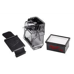 M18 FUEL HAMMERVAC Dedicated Dust Extractor components: clear dust box, black lid, and white filter with red Milwaukee logo.