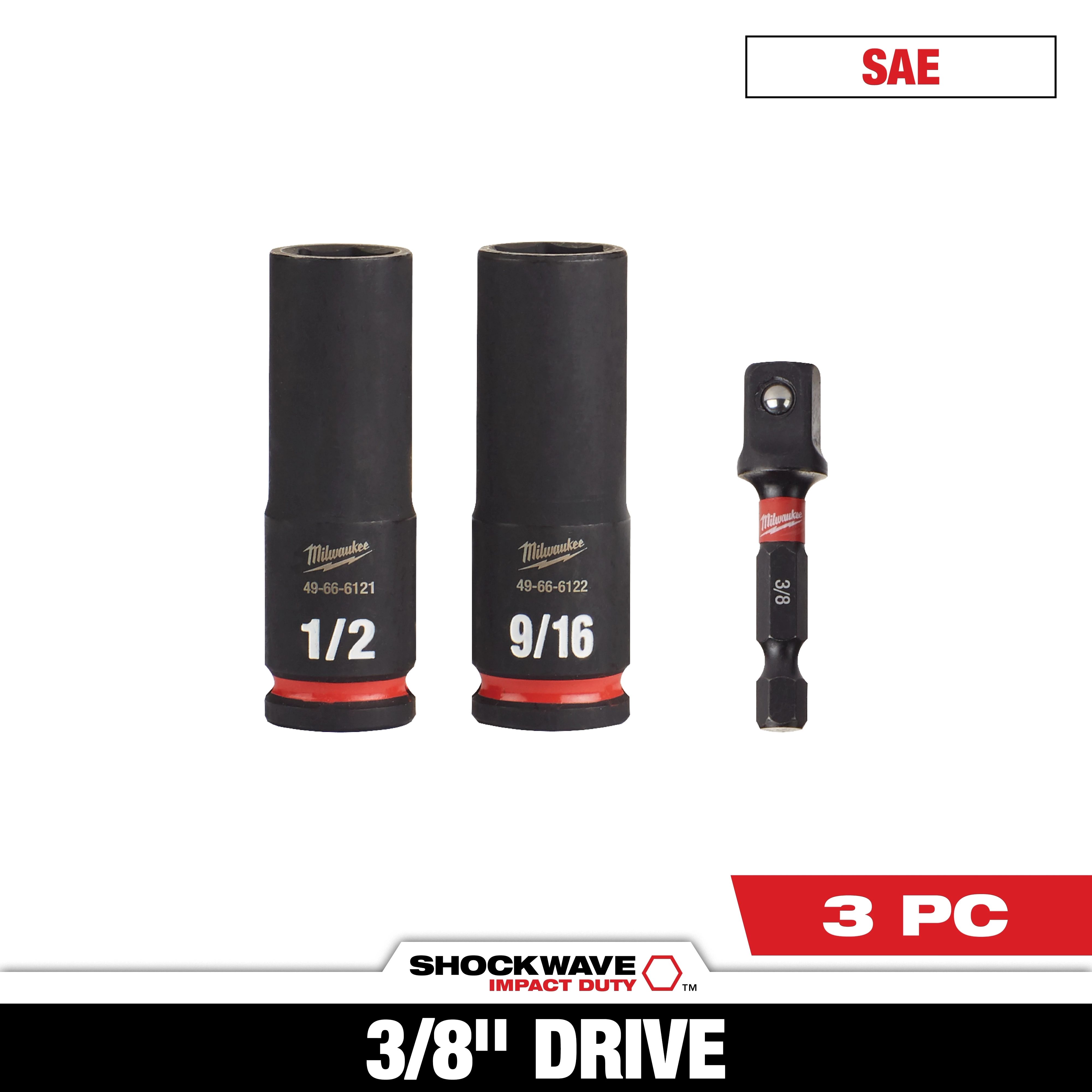SHOCKWAVE Impact Duty 3/8 in. Drive Deep Well Socket Set (3-Pack) includes two black sockets labeled 1/2 and 9/16, and one adapter. Branding reads Milwaukee, and the SAE and 3 PC text is shown at the top and bottom.