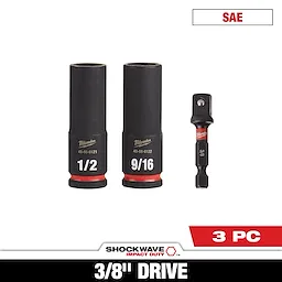 SHOCKWAVE Impact Duty 3/8 in. Drive Deep Well Socket Set (3-Pack) includes two black sockets labeled 1/2 and 9/16, and one adapter. Branding reads Milwaukee, and the SAE and 3 PC text is shown at the top and bottom.