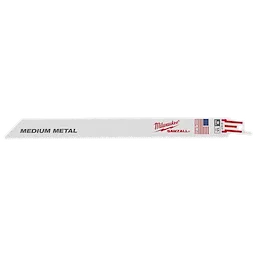The Milwaukee SAWZALL Blades (5 Pk) are labeled "Medium Metal." The blades are nine inches long with 14 teeth per inch (TPI). They feature a white background with the Milwaukee logo and an American flag printed on them.
