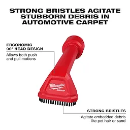 AIR-TIP Automotive Detail Brush with ergonomic 90° head design for push and pull motions. Strong bristles agitate debris in automotive carpet.
