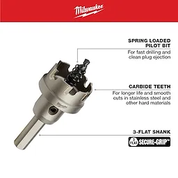 1-1/4 in. Carbide Hole Cutter (1-Pack) features a spring-loaded pilot bit for fast drilling and plug ejection, carbide teeth for longer life and smooth cuts in hard materials, and a 3-flat shank for a secure grip.