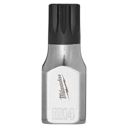 The 3/8" Drive 14mm Triple Square Bit Socket features a metallic silver body with a black, ribbed tip. The socket is labeled "M14" and has a brand logo engraved on its surface.