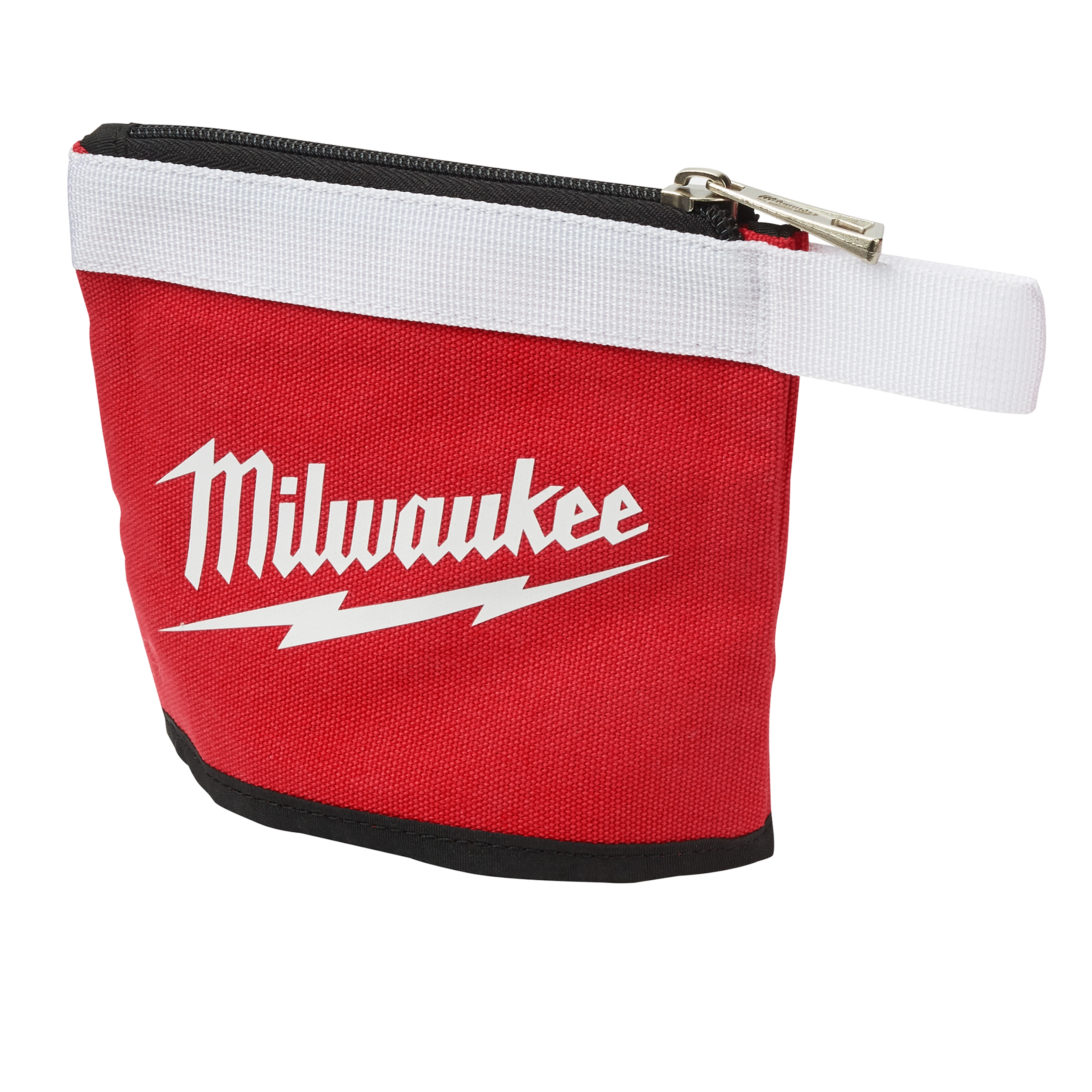 The 3PC Multi-Size Zipper Pouches feature durable red fabric with a white zipper and strap. The brand name "Milwaukee" is prominently displayed in white text with a lightning bolt design.