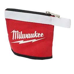 The 3PC Multi-Size Zipper Pouches feature durable red fabric with a white zipper and strap. The brand name "Milwaukee" is prominently displayed in white text with a lightning bolt design.