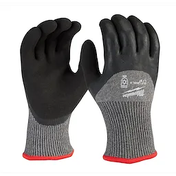 Cut Level 5 Winter Dipped Gloves, showing front and back views. Features black rubber coating, grey knit cuffs with red trim.