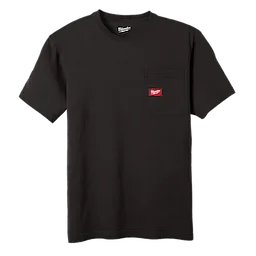 Heavy Duty Pocket T-Shirt - Black, featuring a chest pocket with a red logo patch and crew neck design.