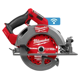 An M18 FUEL™ 7-1/4" Circular Saw with ONE-KEY™ is shown. The saw has a robust build with a red and black color scheme, featuring a durable design for heavy-duty cutting tasks.