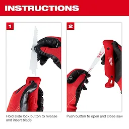 Instructions for Folding Jab Saw: Step 1, hold slide lock button to release and insert blade. Step 2, push button to open and close saw.