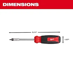 27-in-1 Multi-Bit Screwdriver dimensions: 9.11 inches long and 1.57 inches wide, featuring a red and black handle with a metal shaft.