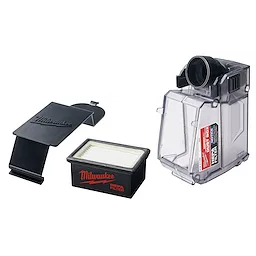 Milwaukee M12 HAMMERVAC Universal Dust Extractor containing a dust box, HEPA filter labeled "Milwaukee," and a detachable lid.